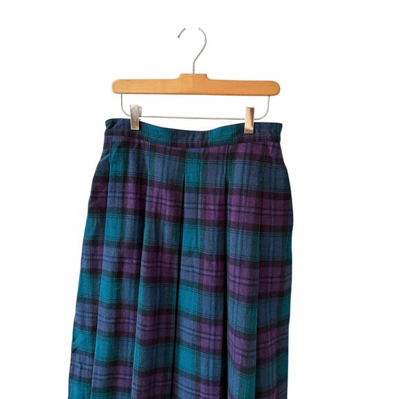 Vintage Woolrich Plaid Pleated Wool Midi Skirt Green Purple - Picture 3 of 5